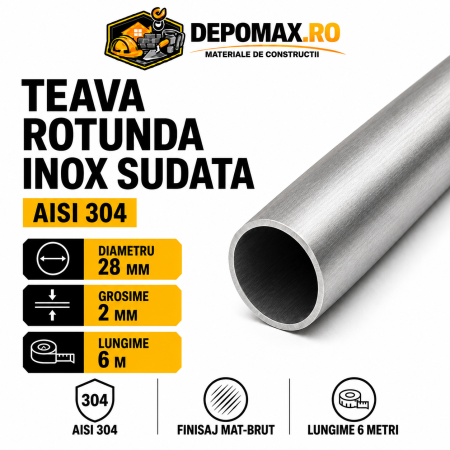Teava rotunda inox sudata AISI 304, 28 x 2 mm, 6 metri